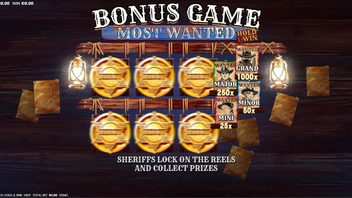Most Wanted: Hold & Win slot game interface featuring sheriff badges and western desert theme