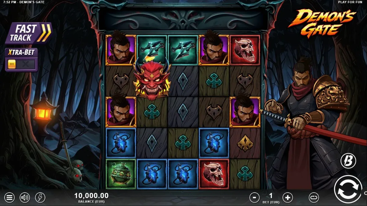 Prajurit samurai berdiri di depan gerbang neraka dalam permainan slot Demon's Gate