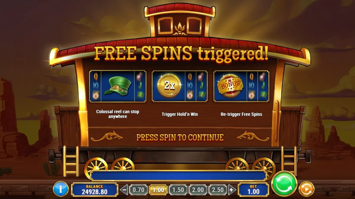 Pemandangan lokomotif uap di padang gurun dalam slot Track’n Gold
